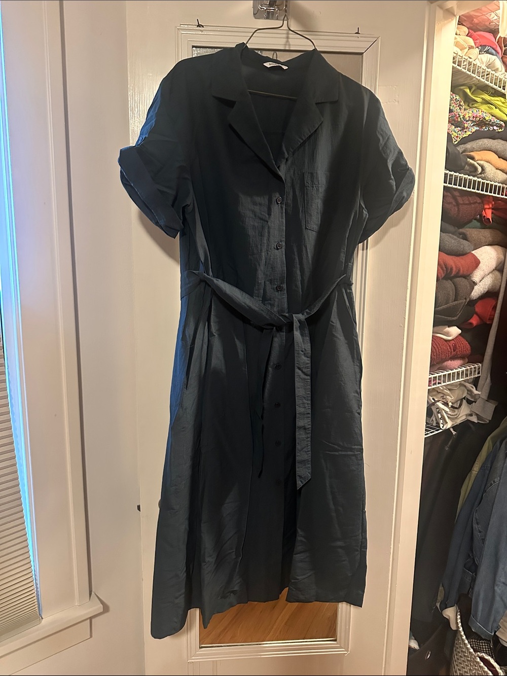 Women's Button-Front Midi Shirt Dress with Self Tie in Turquoise